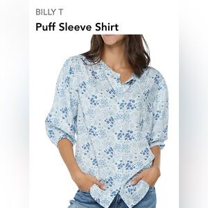 BILLY T Puff Sleeve Shirt Size Large in Blue Ditsy